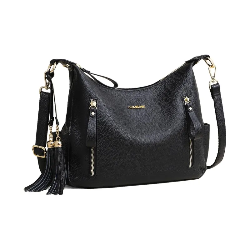 COMELY Cow Leather Patchwork Synthetic Leather Crossbody Bags Shoulder Bags Medium Size Women's Black-2