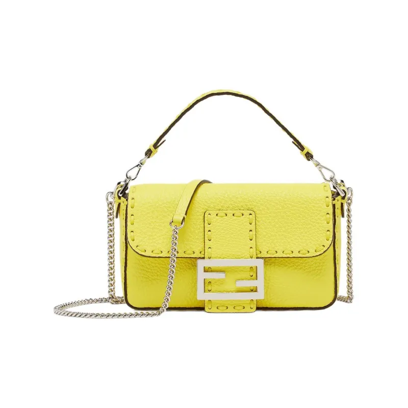 FENDI Baguette Cow Leather Portable Crossbody Bag Shoulder Bag Mini Women's Yellow-0