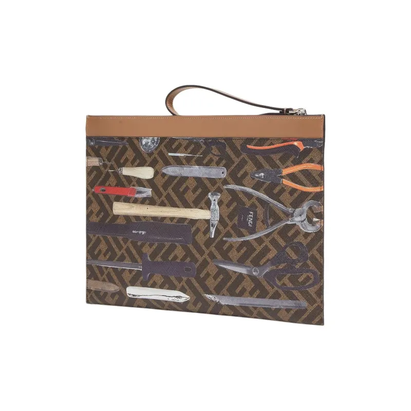 FENDI FF Canvas Clutch Medium Size Men's Brown-1
