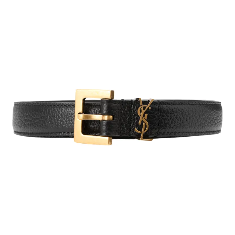 SAINT LAURENT Cassandre Thin Belt With Square Buckle In Grained Leather-0
