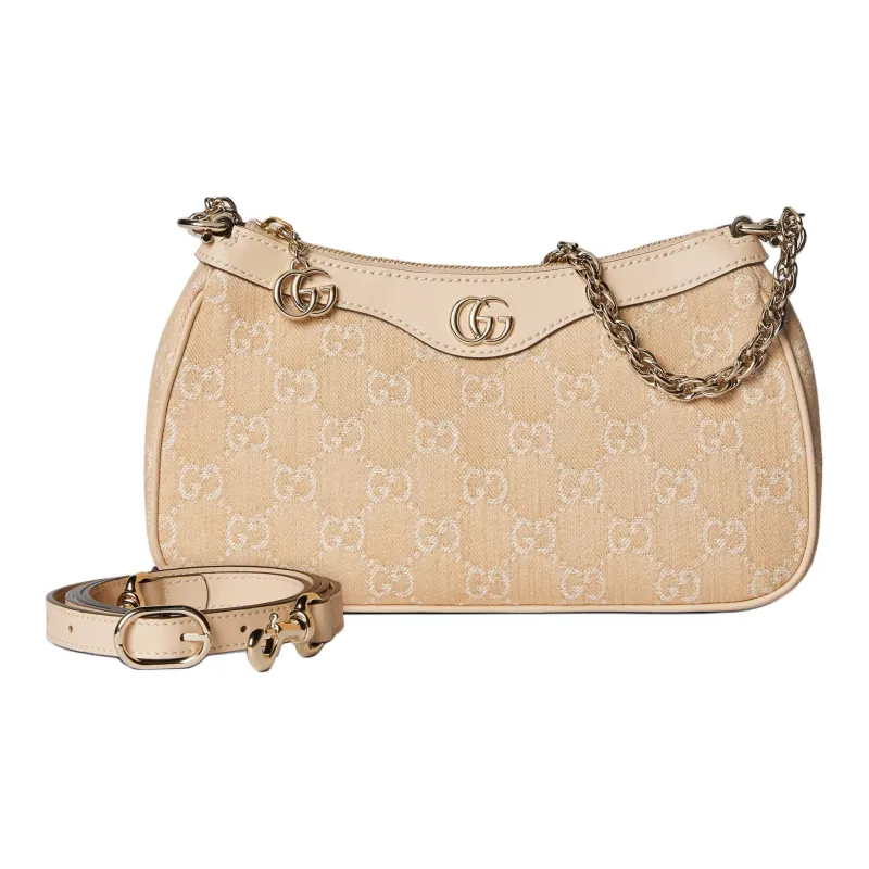 GUCCI Ophidia Denim With Leather One Shoulder Handbag Small Size Women's Light Beige-1