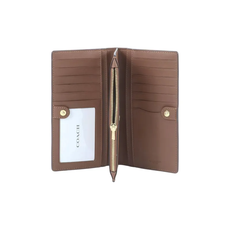 COACH Double Zip Wallet Coated Canvas With Leather Multiple Card Slots Snap Closure Clutch Wallet Unisex Khaki-4