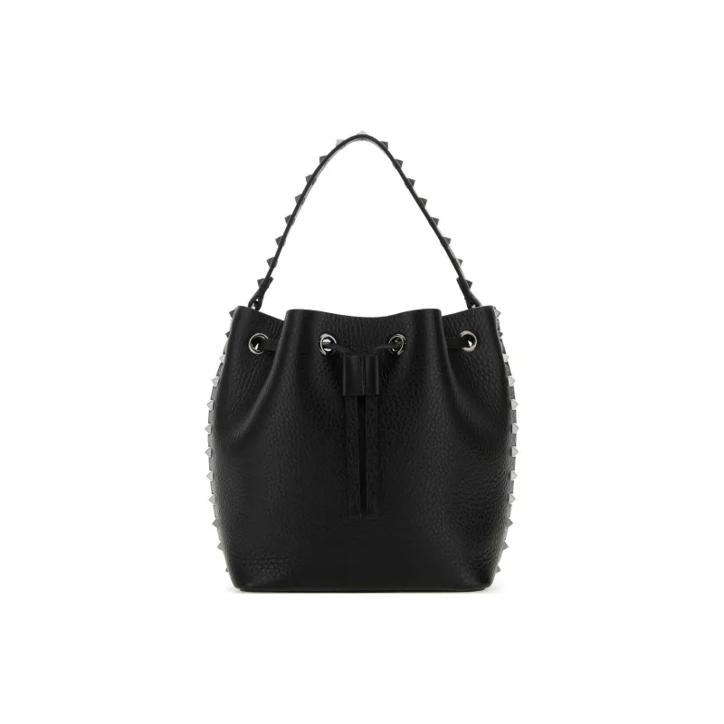 Valentino Rockstud Leather Bucket Bag Handbag Shoulder Bag Crossbody Bag Women's Black-0