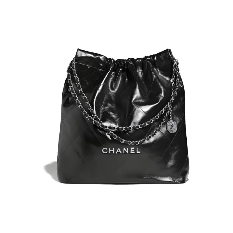 CHANEL 22Bag Cow Leather Tote Bag, Shopping Bag, Handbag, Shoulder Bag Tubas Unisex Black Silver Characters-0