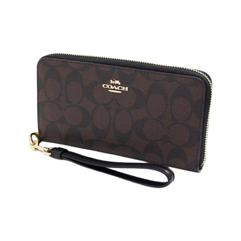 COACH Zip Around Monogram Canvas With Leather Wallet Clutch Regular Women's Black & Brown Monogram-2