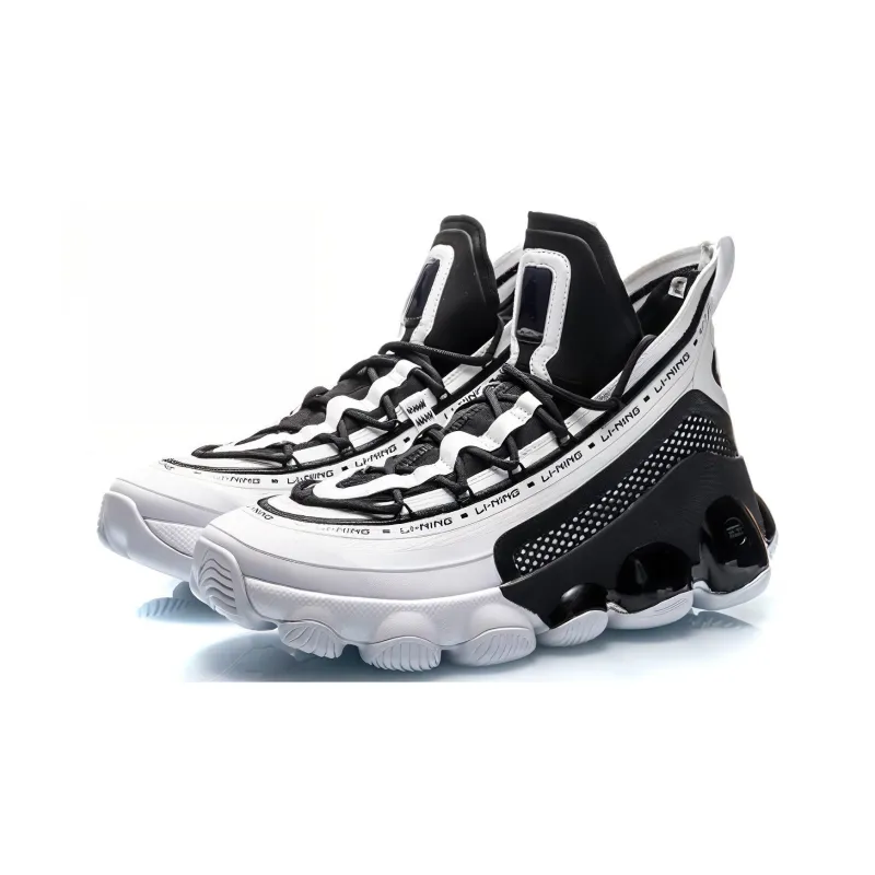 LiNing Non slip Lightweight Mid Top Vintage Basketball Shoes Men's Black White-2
