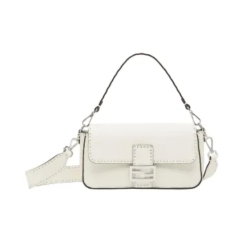 FENDI Baguette Calfskin Shoulder Bag Crossbody Bag Handbag Medium Size Women's White