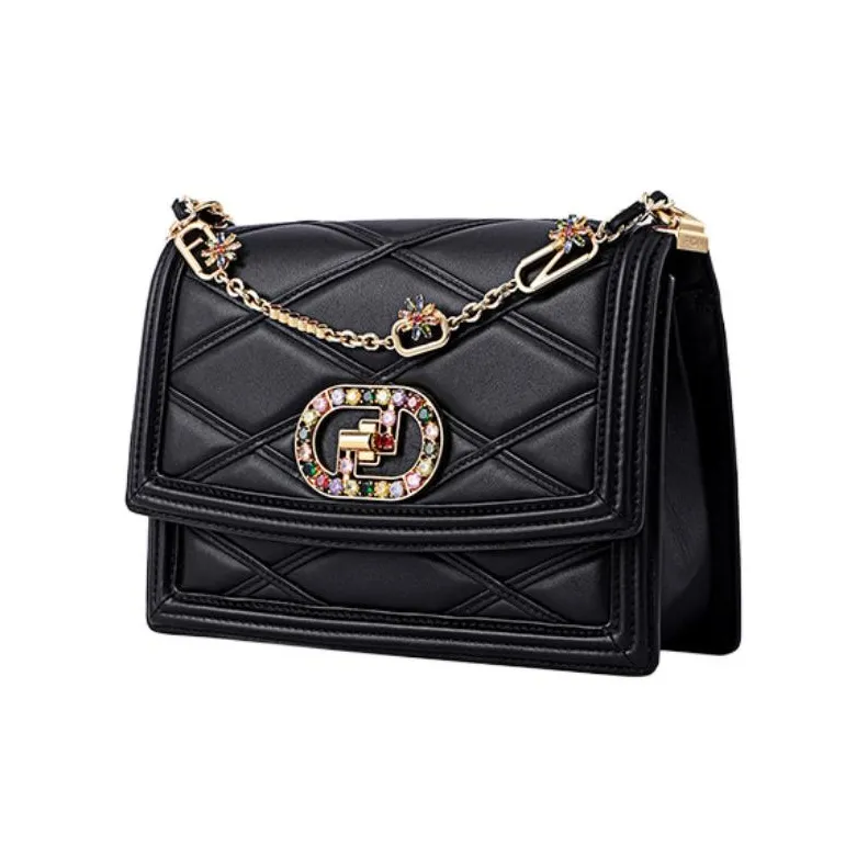 FION Cow Leather Small Square Bag Crossbody Bag Shoulder Bag Women's Black/White-1