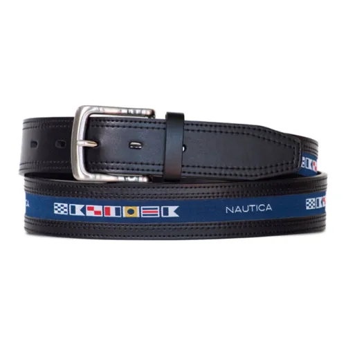 NAUTICA Flag Finish Pin Buckle Leather Belts Men's Black Width 3.5CM