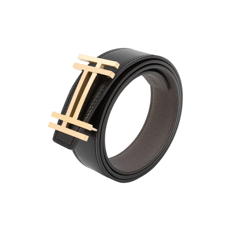 HERMES Double H Gold Buckle Reversible Belt Men Black/Tin Grey-3