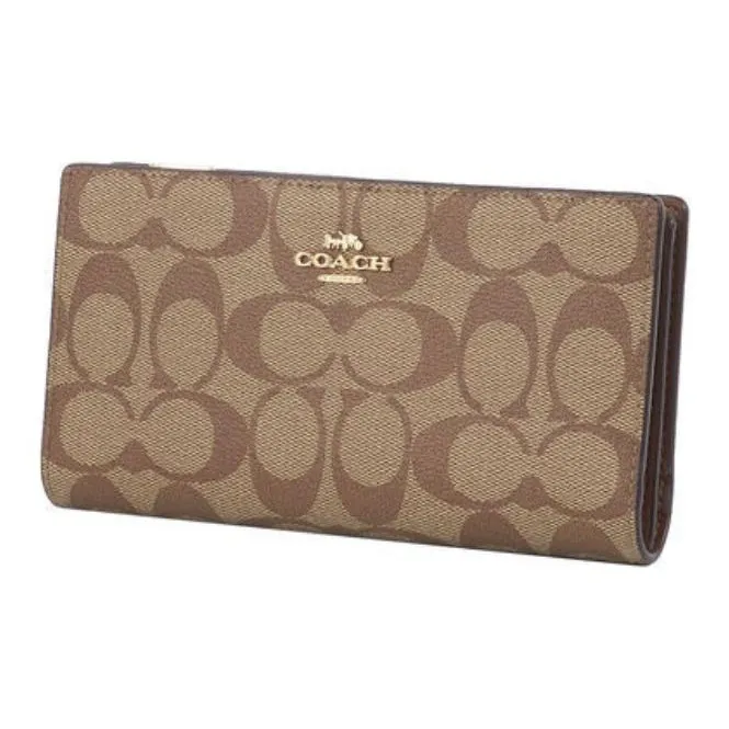 COACH Double Zip Wallet Coated Canvas With Leather Multiple Card Slots Snap Closure Clutch Wallet Unisex Khaki-1