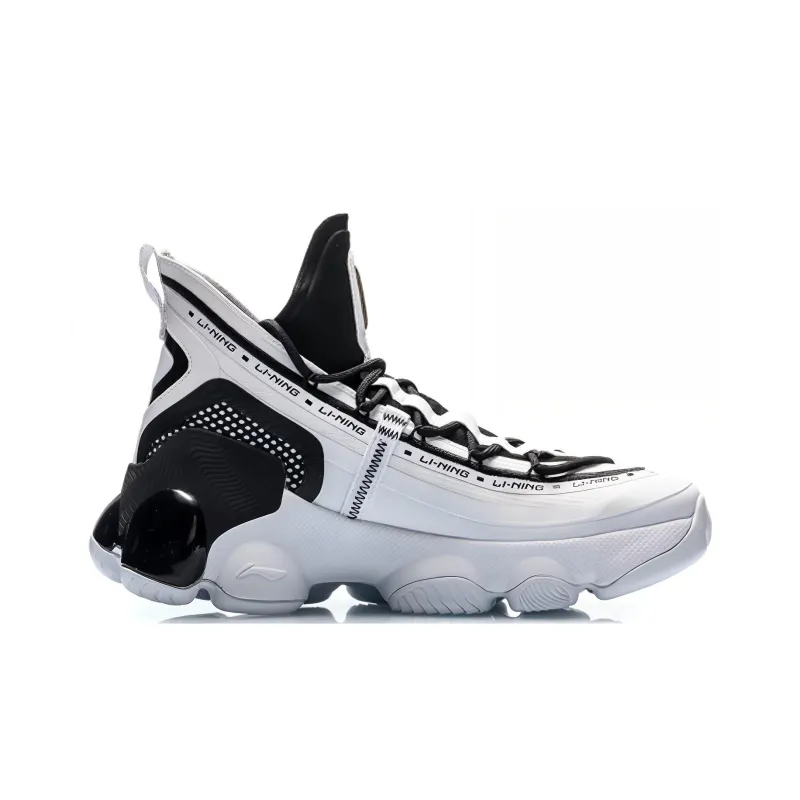 LiNing Non slip Lightweight Mid Top Vintage Basketball Shoes Men's Black White-1