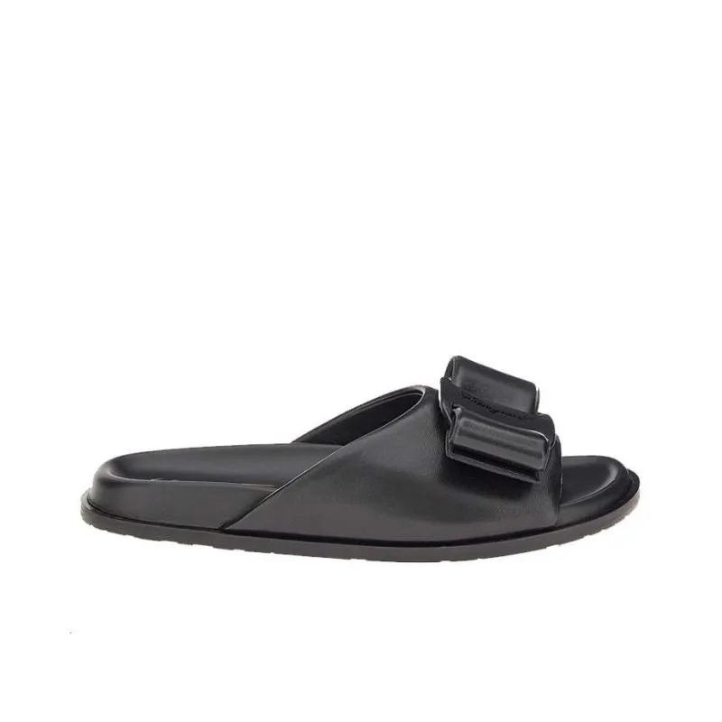FERRAGAMO Viva Genuine Leather Sole Slip Resistant Slide Slippers Women's Black-1