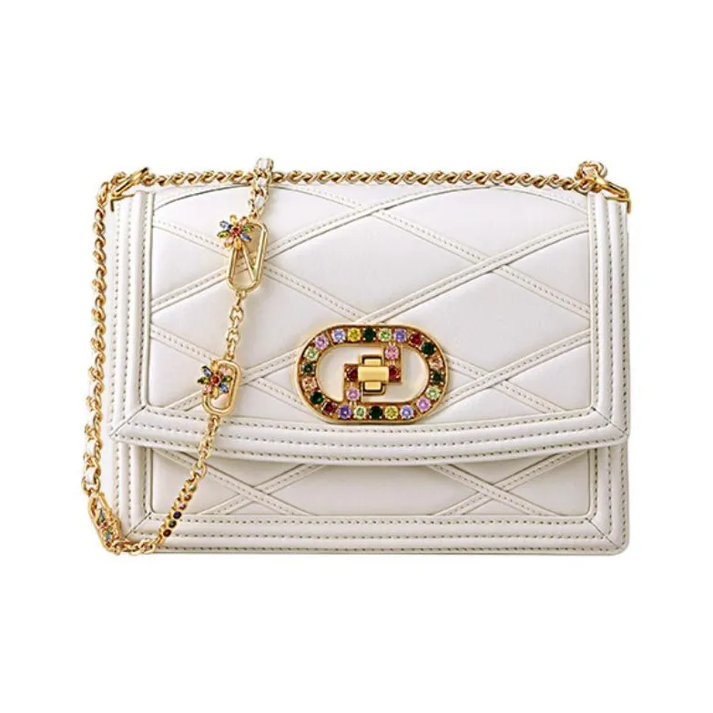FION Cow Leather Small Square Bag Crossbody Bag Shoulder Bag Women's Black/White-8