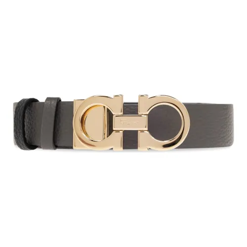 FERRAGAMO Brand Logo Smooth Buckle Leather Belts Women's Gray Width 3.5CM