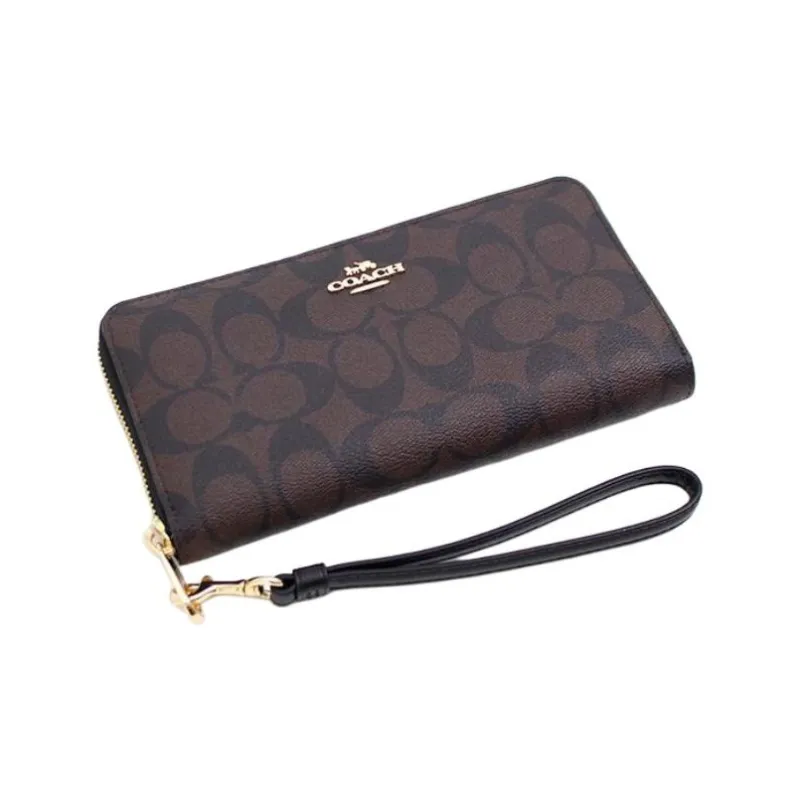 COACH Zip Around Monogram Canvas With Leather Wallet Clutch Regular Women's Black & Brown Monogram-3
