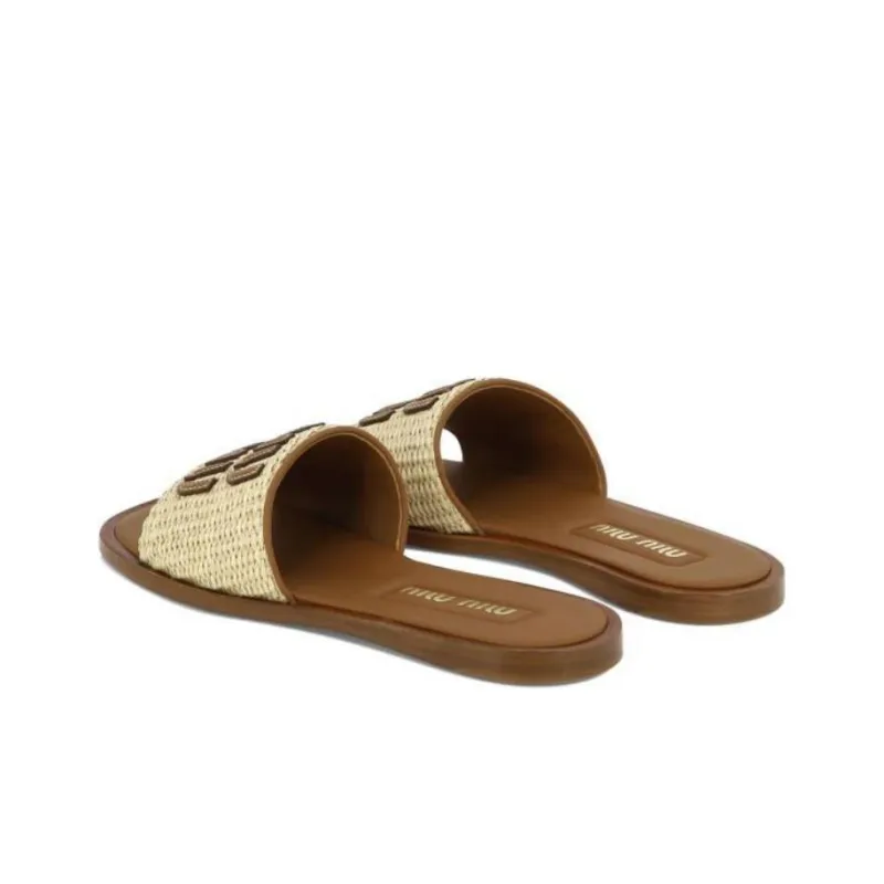 MIU MIU Logo patch Raffia Slides-3