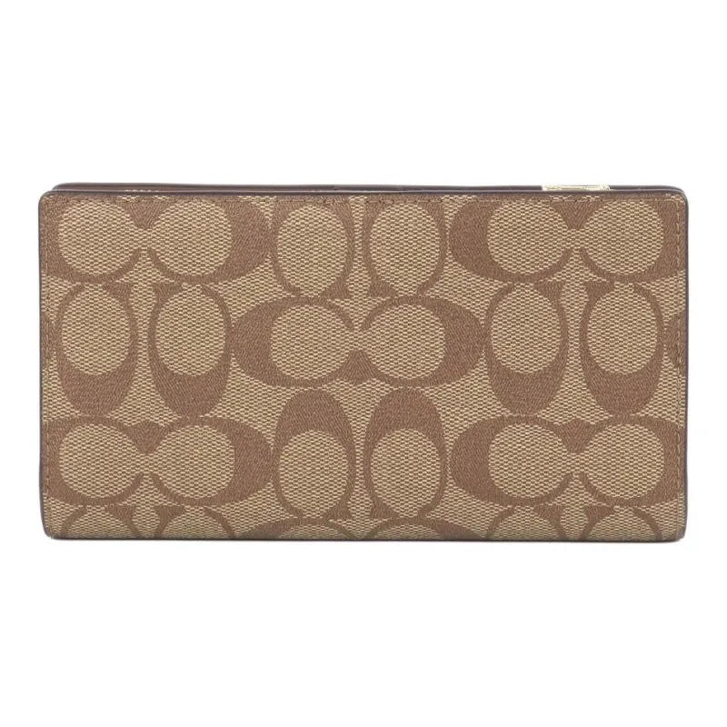 COACH Double Zip Wallet Coated Canvas With Leather Multiple Card Slots Snap Closure Clutch Wallet Unisex Khaki-2