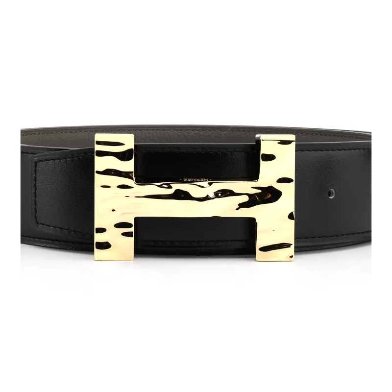 HERMES Quizz H2O Gold Buckle Togo Calfskin Double Sided Leather Belt Men's Black/Umber Width 3.8CM-2