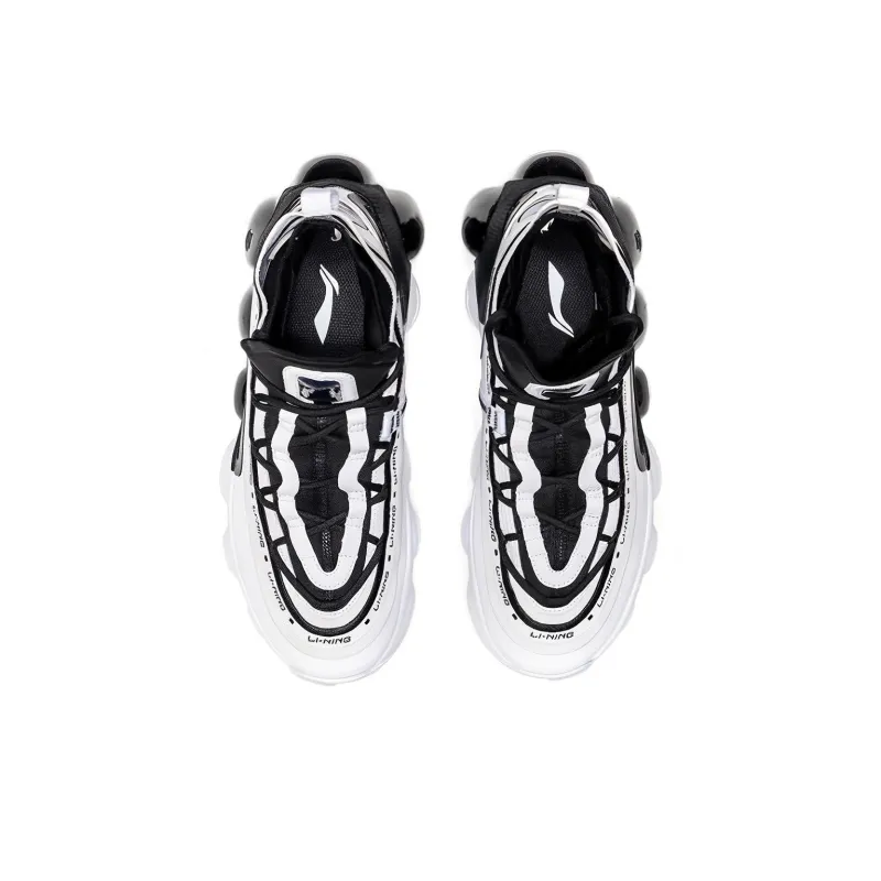 LiNing Non slip Lightweight Mid Top Vintage Basketball Shoes Men's Black White-3