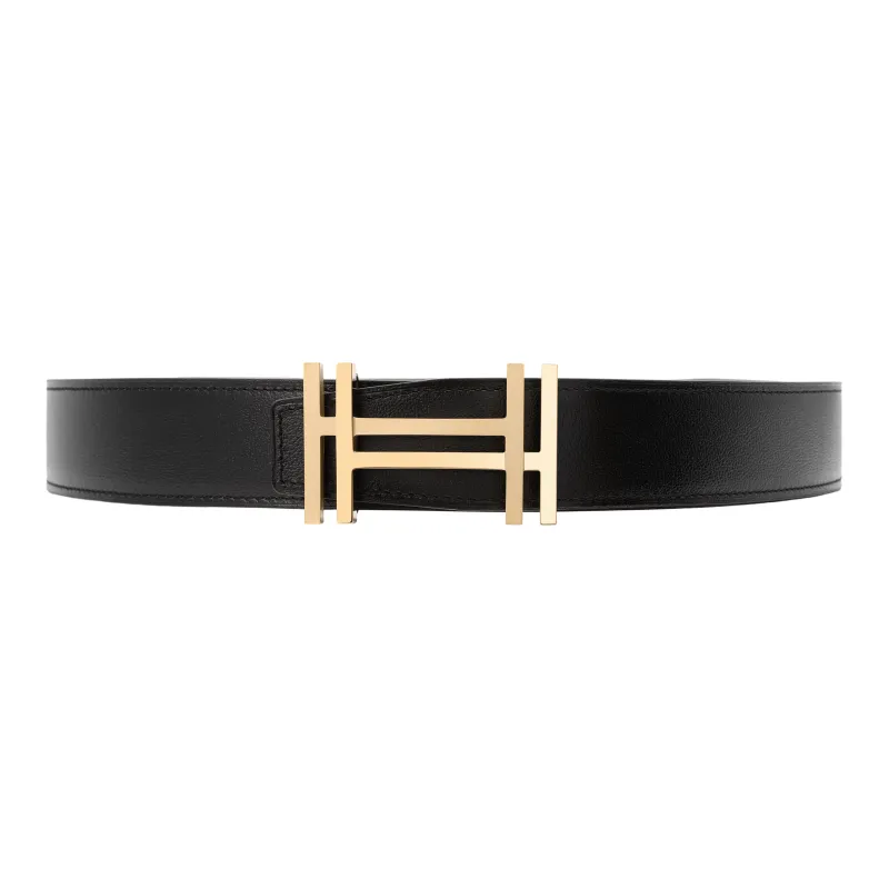 HERMES Double H Gold Buckle Reversible Belt Men Black/Tin Grey-2