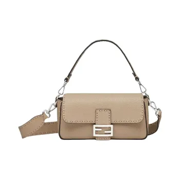 FENDI Baguette Calfskin Shoulder Bag Crossbody Bag Handbag Medium Size Women's Beige