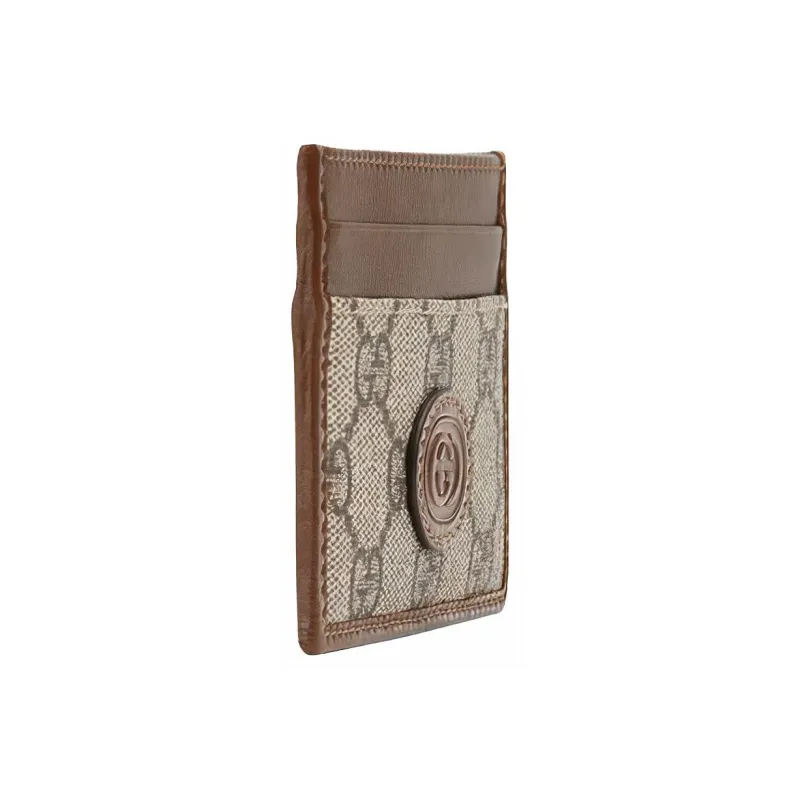 GUCCI Canvas With Leather Card Clip Card Holder Unisex Ebony & Brown-2