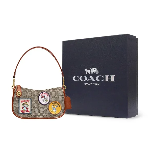 COACH Disney Collaboration Swinger Fabric Cow Leather Patchwork Handbag Small Size Women's Brown Gray-4