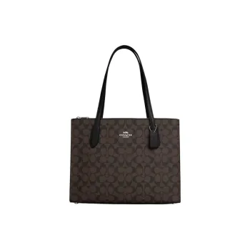 COACH Carryall Canvas With Leather Tote Bag, Shopping Bag, Handbag, Shoulder Bag Women's Brown Black
