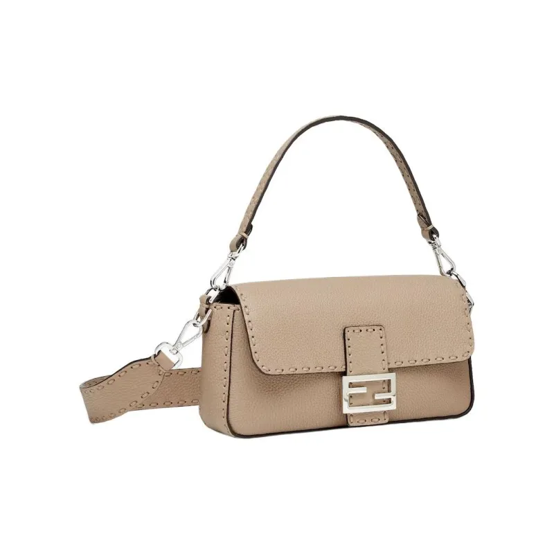 FENDI Baguette Calfskin Shoulder Bag Crossbody Bag Handbag Medium Size Women's Beige-1