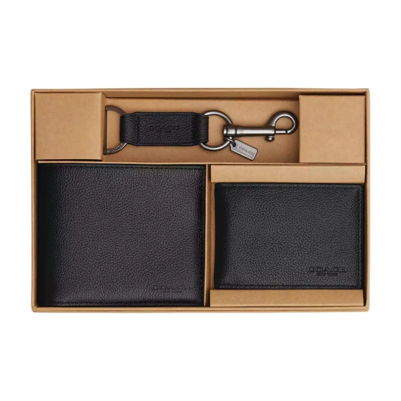 COACH 3 IN 1 Wallet Smooth Calf Leather Gift Set Wallets Mini Men's Black-0