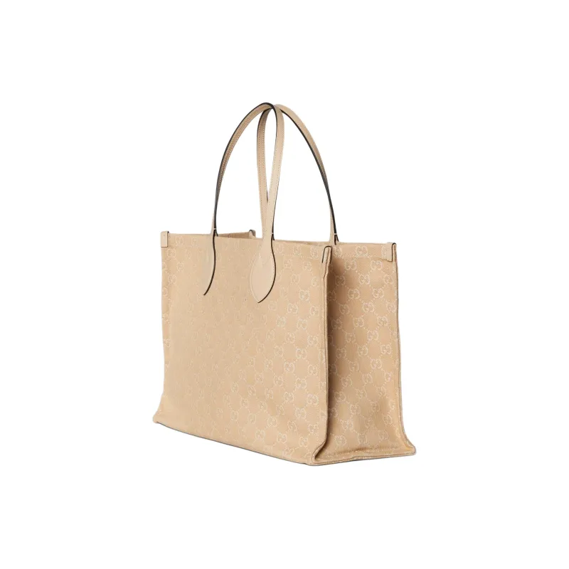 GUCCI Ophidia Denim With Leather Binding Tote Bag Shopping Bag Handbag Large Size Women's Light Beige-2