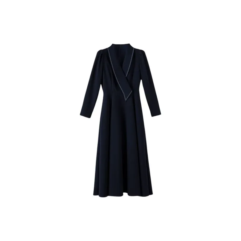 Late White Long Sleeved Dresses Women's Dark Blue-0