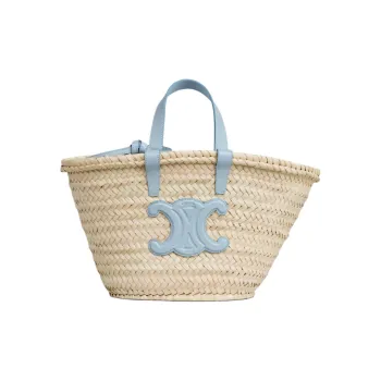 CELINE TEEN BUCKET Palm Leaf With Cow Leather Binding Tote Bag, Shopping Bag, Basket, Handbag Women's Light Blue