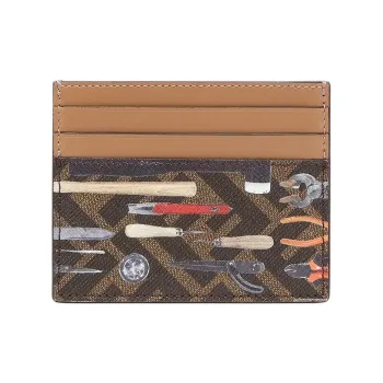FENDI FF Calfskin Card Holder Unisex Brown