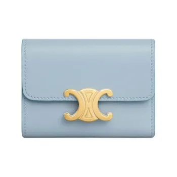 CELINE Triomphe Shiny Cow Leather Coin Purses Wallets Women's Light Blue