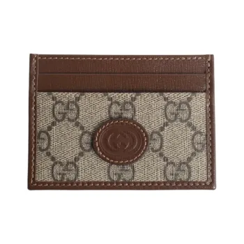 GUCCI Canvas With Leather Card Clip Card Holder Unisex Ebony & Brown