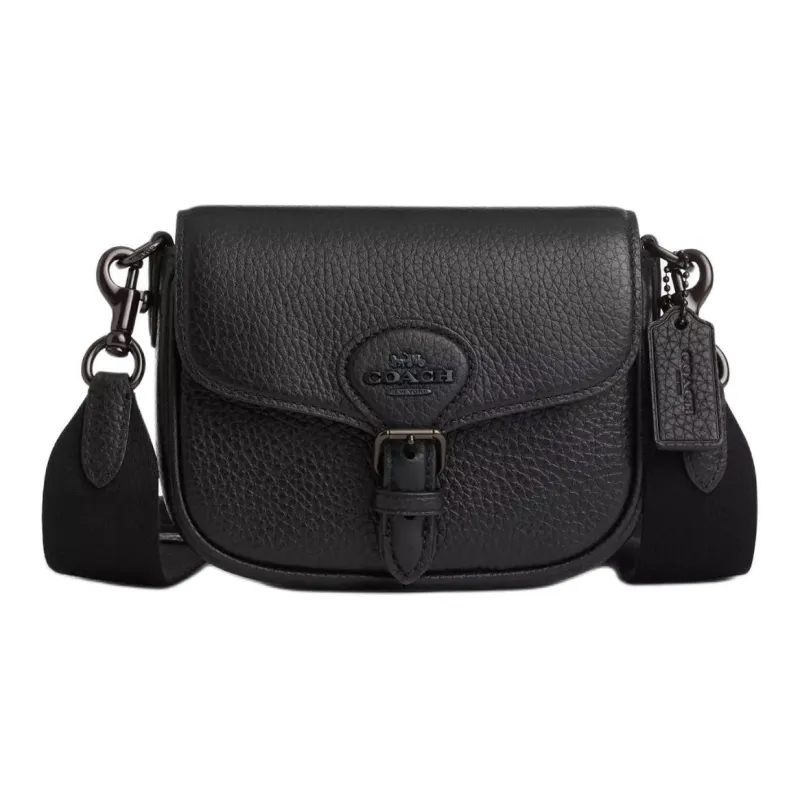 COACH Amelia Soft Pebbled Leather Saddle Bag, Shoulder Bag, Crossbody Bag Trumpets Women's Black-0