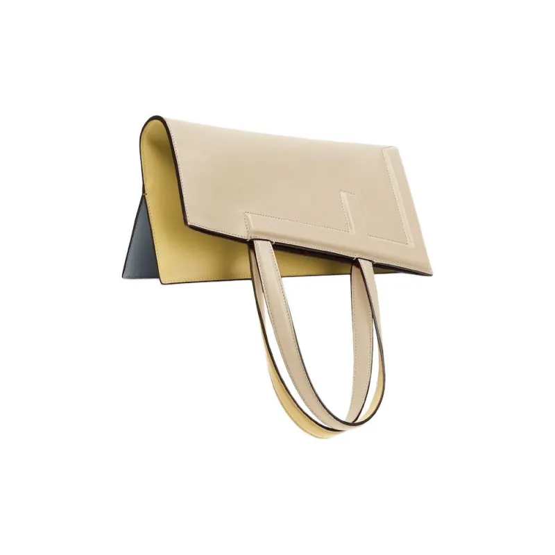 FENDI Calfskin Tote Bag, Shopping Bag, Handbag Medium Size Women's Yellow & Beige & Light Blue-4