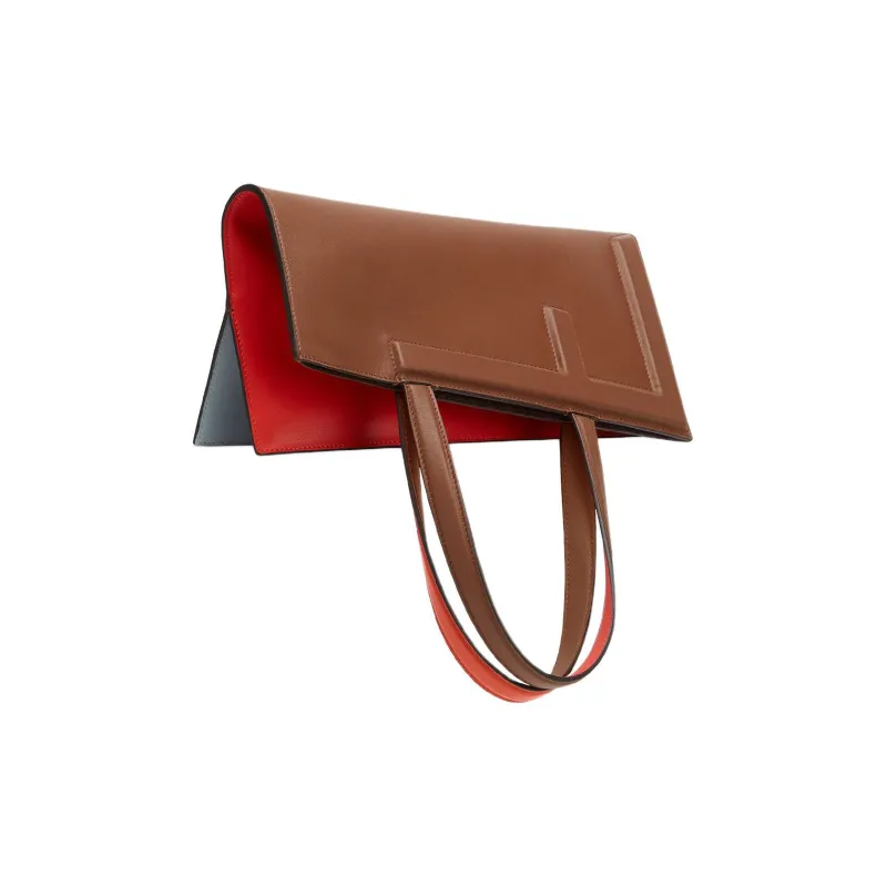 FENDI Calfskin Tote Bag Shopping Bag Handbag Medium Size Women's Brown & Light Blue & Red-2