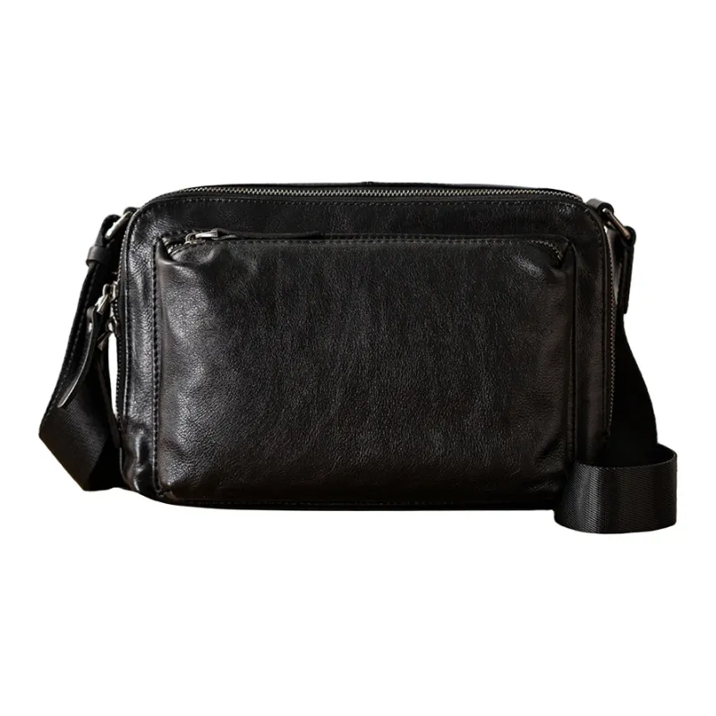 Back Step Top Grain Vegetable Tanned Cow Leather Genuine Leather Crossbody Bag Shoulder Bag Unisex Black-0