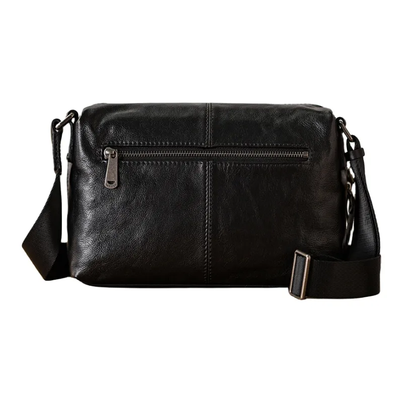 Back Step Top Grain Vegetable Tanned Cow Leather Genuine Leather Crossbody Bag Shoulder Bag Unisex Black-2