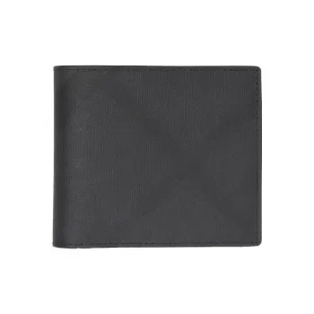 Burberry International Bifold Wallet London Check And Leather 8 Card Slot Dark Charcoal