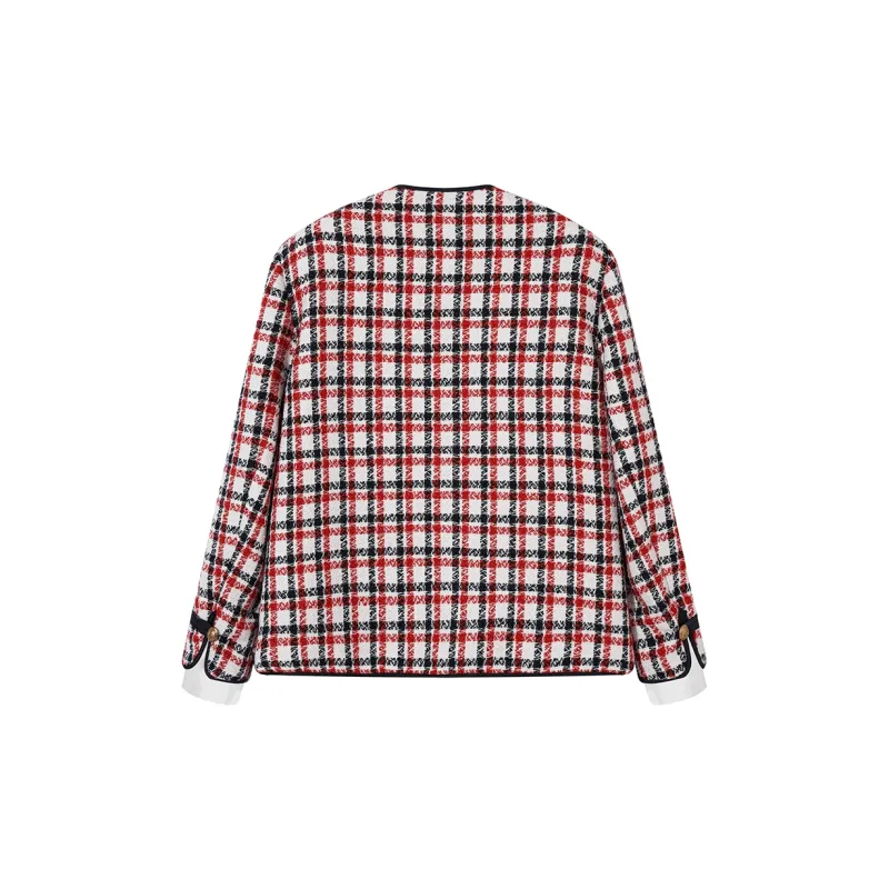 Ouyang Jackets & Coats Women's White Base Red Blue Plaid-1