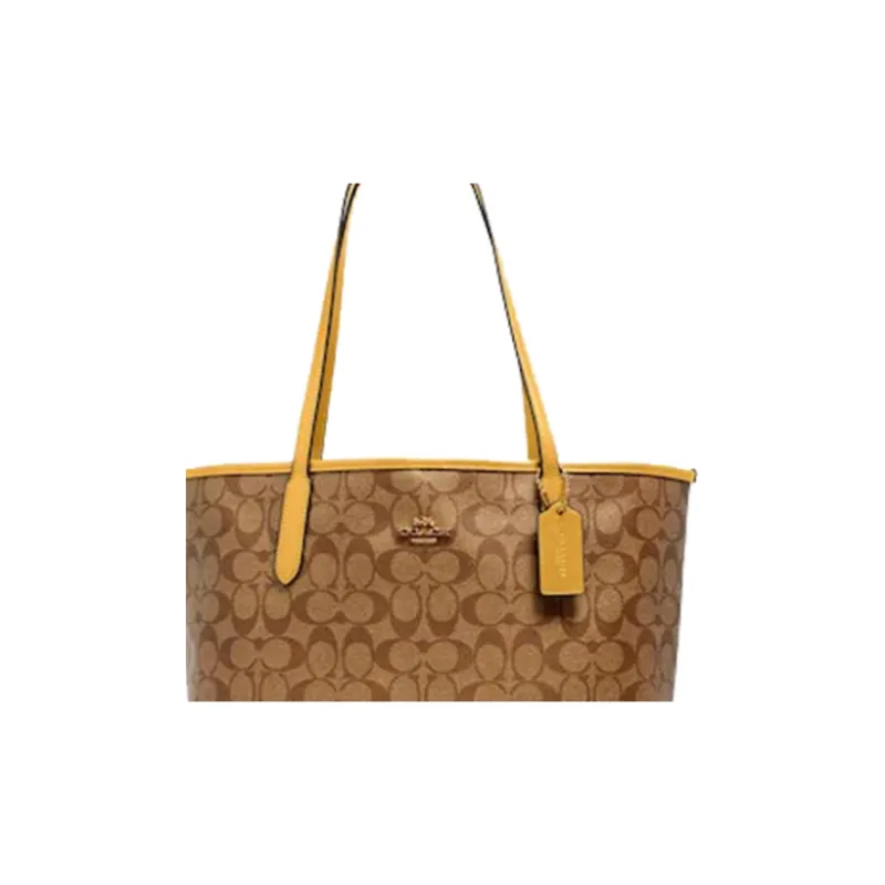 COACH City Canvas, Leather Handbag, Shoulder Bag Tubas Women's Brown & Yellow Color-3
