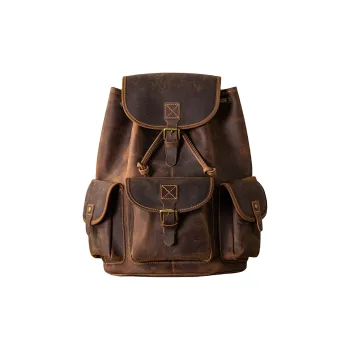 Back Step Top Grain Cow Leather Genuine Leather Backpack Large Size Unisex Coffee