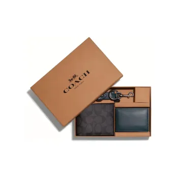 COACH 3 IN 1 Wallet Cow Leather Canvas Card Holder Wallet Men's Black/Jasper