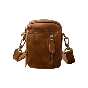 Back Step Cow Leather One Shoulder Crossbody Fanny Pack Small Size Unisex Dark Brown