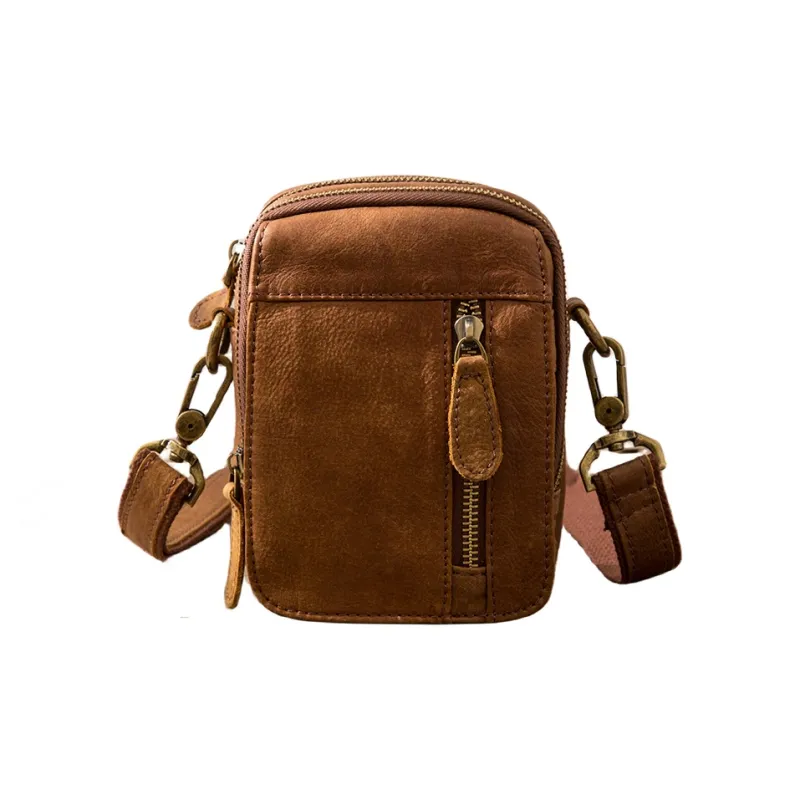 Back Step Cow Leather One Shoulder Crossbody Fanny Pack Small Size Unisex Dark Brown-0