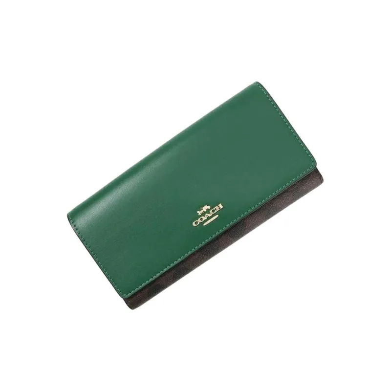 COACH Trifold Wallet Canvas With Leather Coin Purses Wallets Small Size Women's Coffee Stacked Green-1